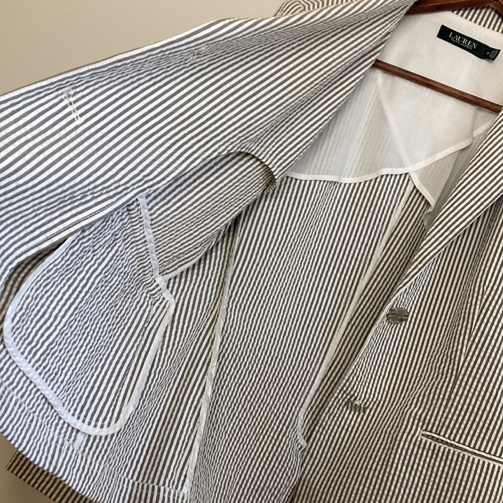 Lauren Ralph Lauren Blazer Womens 10 Gray White Seersucker Stripe Stretch Jacket - Picture 10 of 14